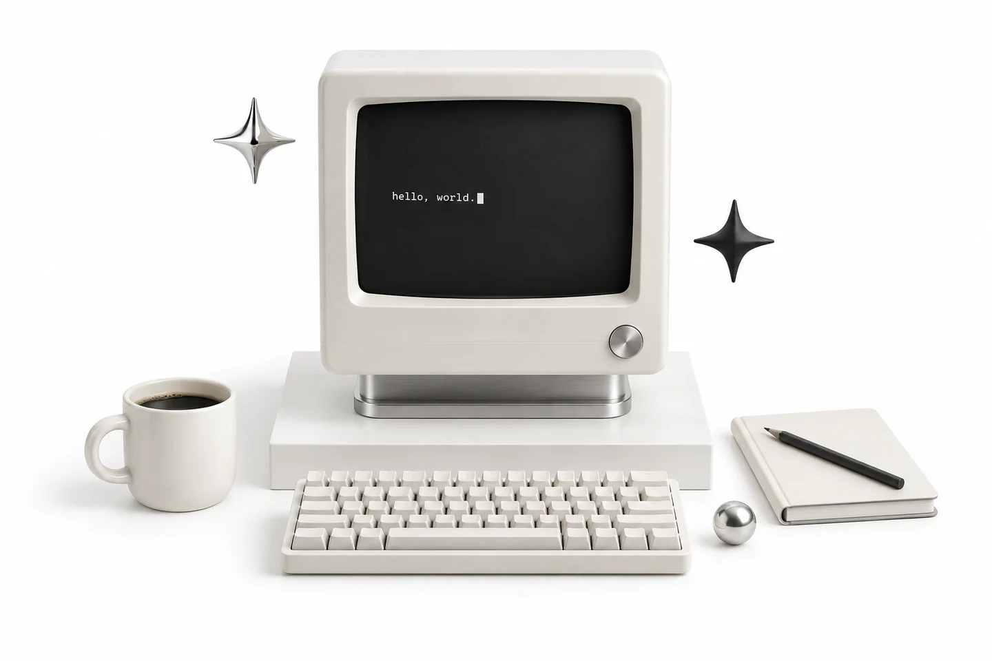 An ivory retro computer with a hello, world screen, a coffee cup, notebook, and floating sculptural stars.